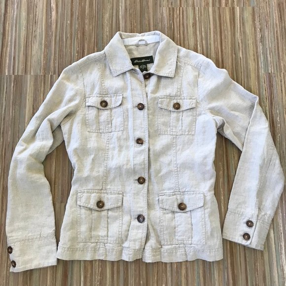 Eddie Bauer Tops - Eddie Bauer 100% Linen Button Front Safari Shacket Coat Stone Beige